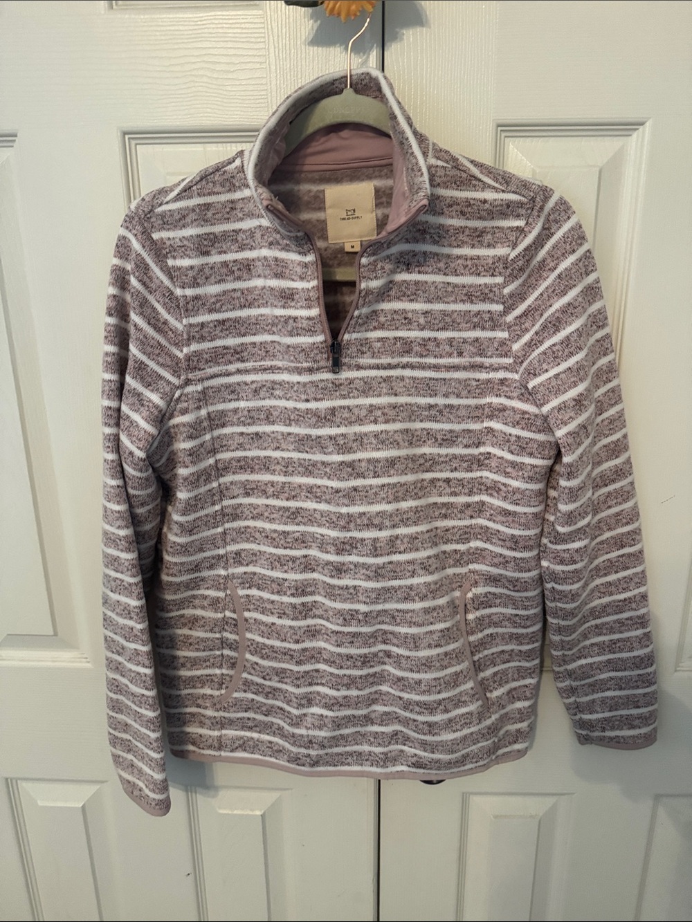 Thread & Supply Striped Quarter-Zip Sweatshirt in Mauve and White